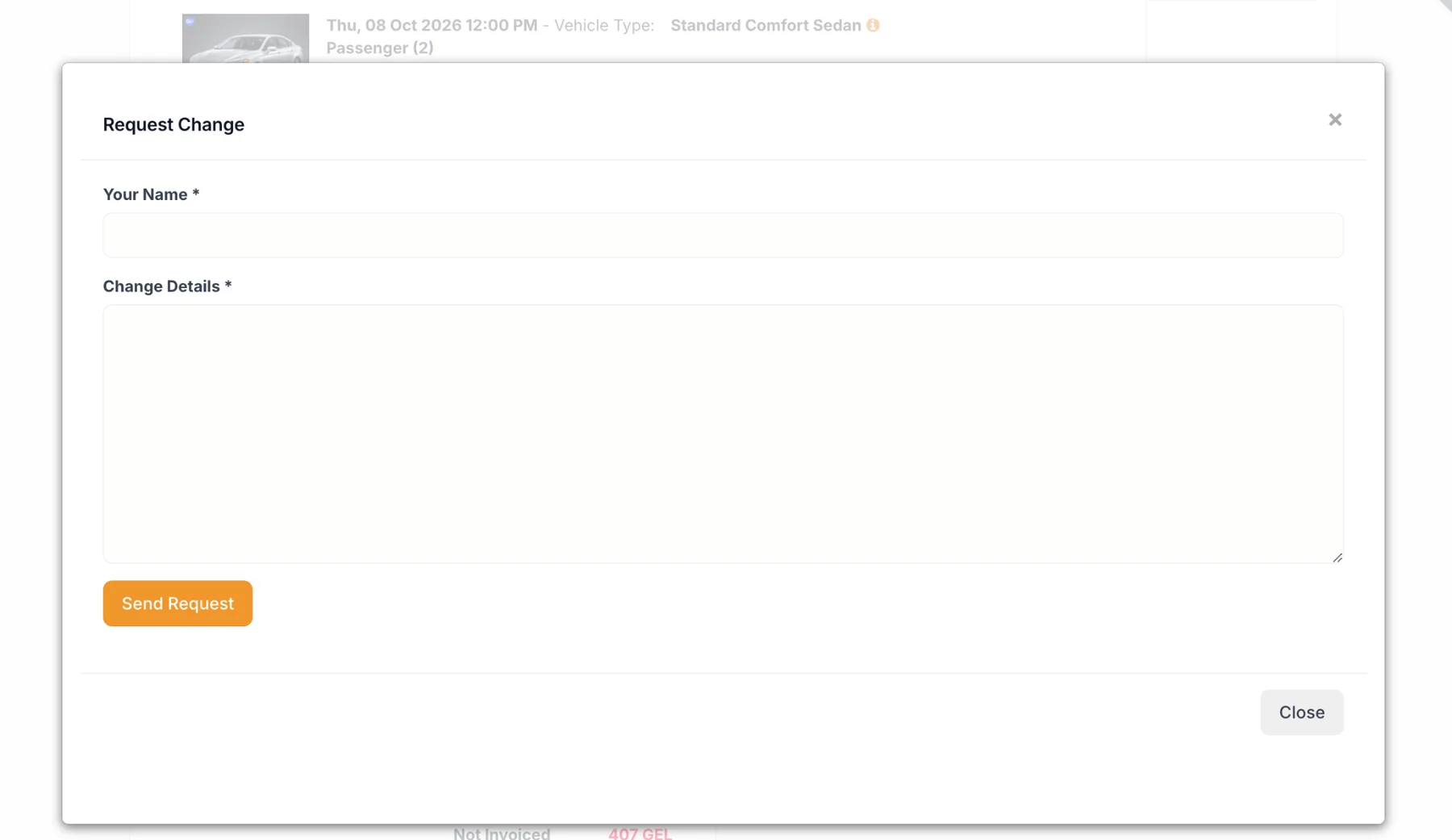 GoGoria Request Change form with name and change details fields