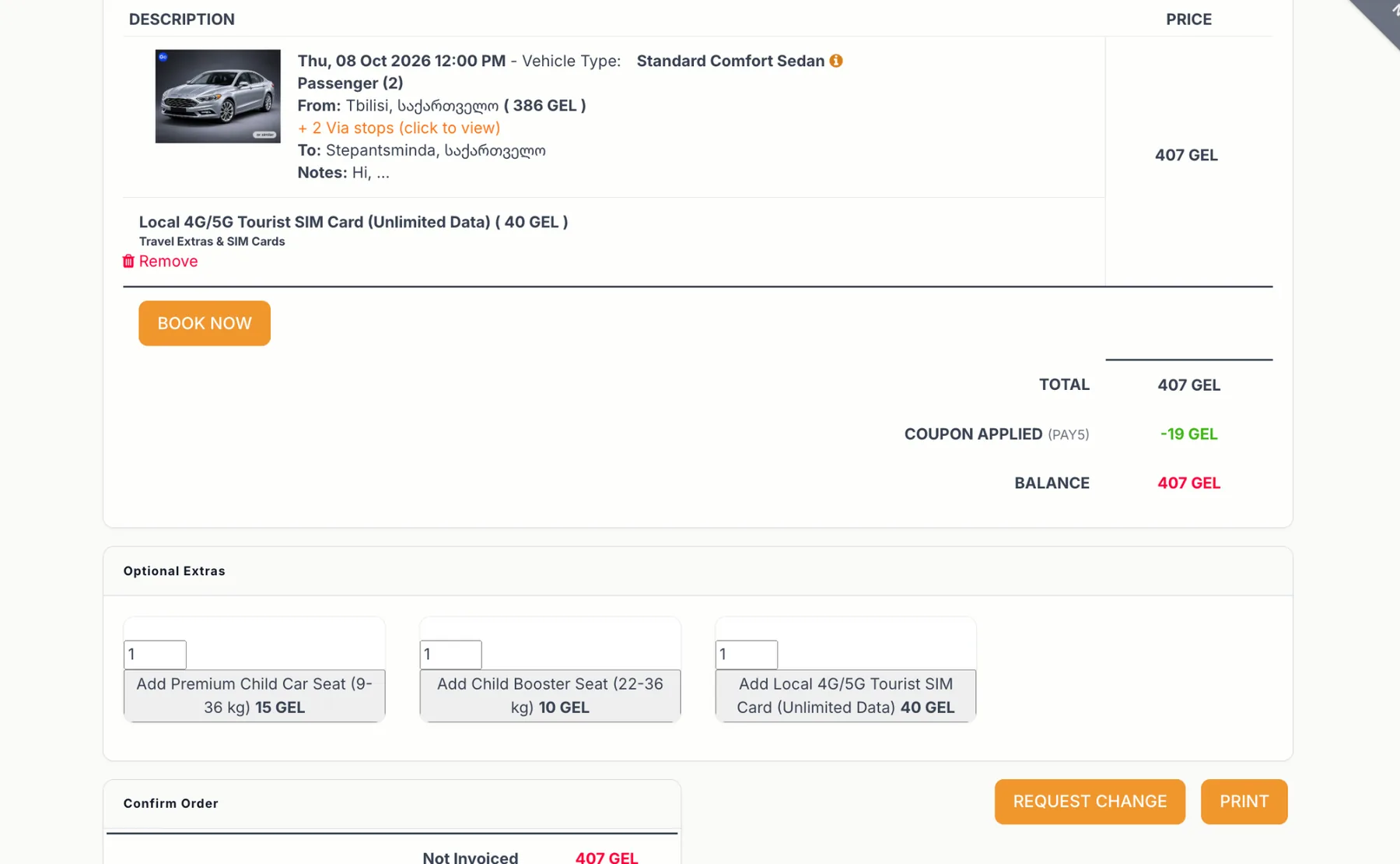 GoGoria optional extras cards and quantity controls