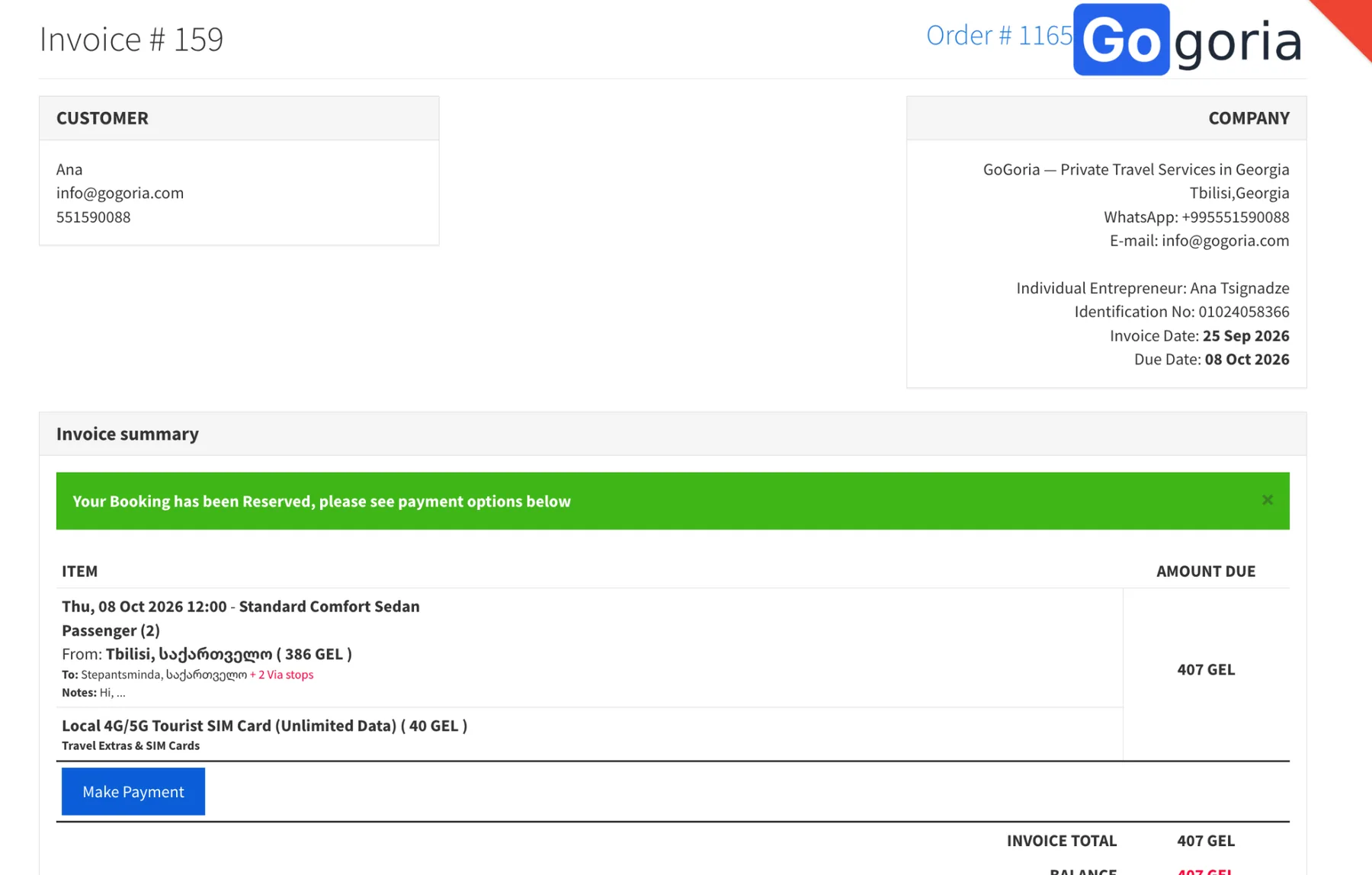 GoGoria invoice and payment continuation screen