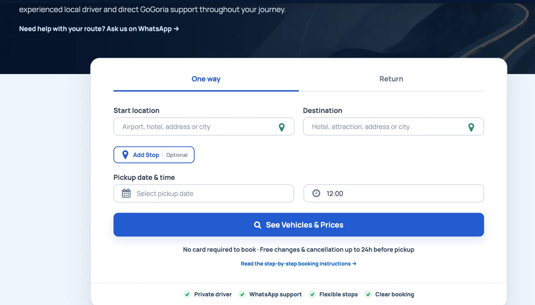 One-way GoGoria transfer form with start location, destination, pickup date and time