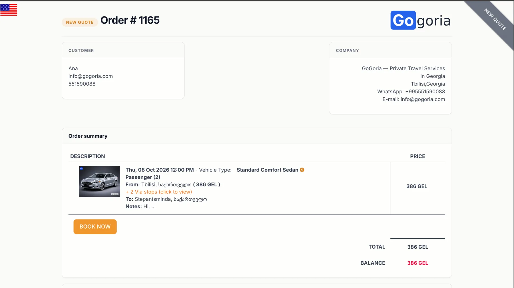GoGoria order page with journey summary, vehicle and price