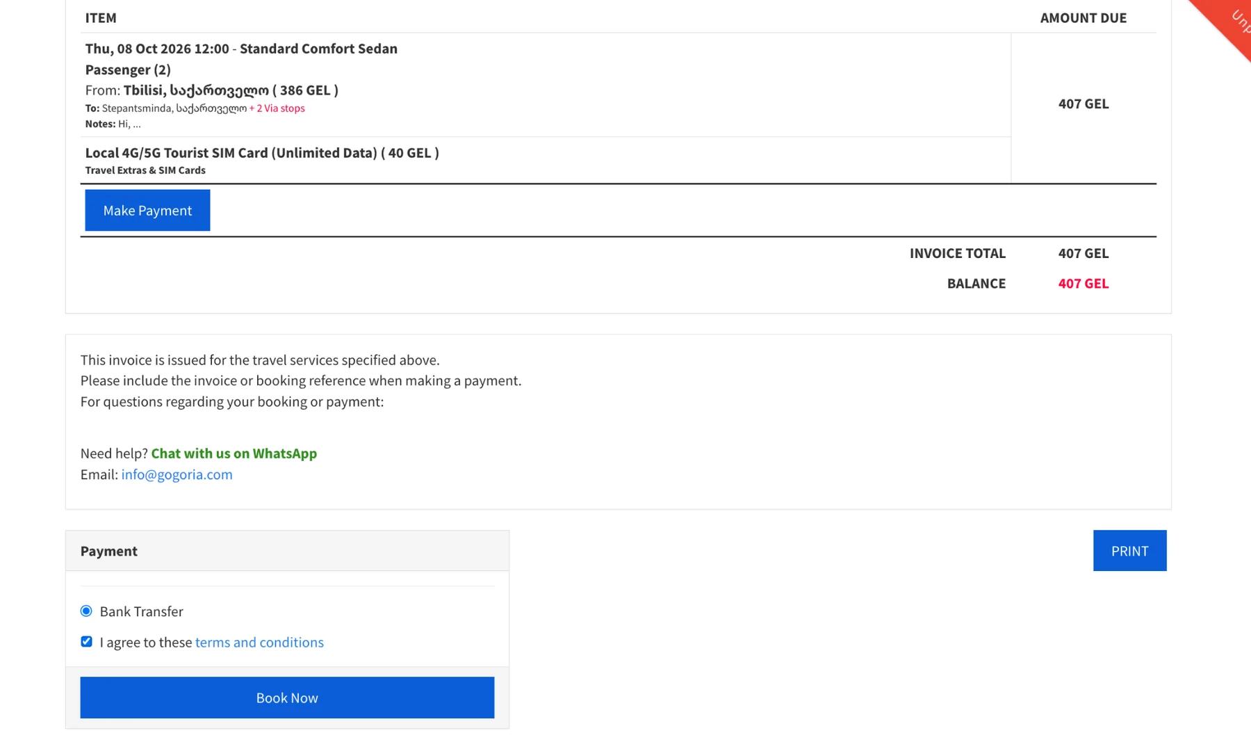 GoGoria payment method and payment instructions screen