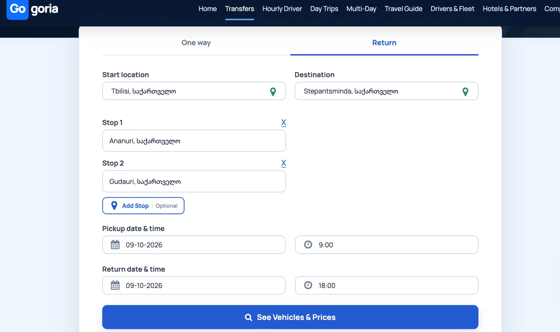 GoGoria return transfer form with outward and return dates and times