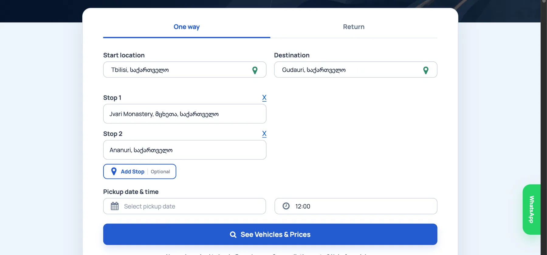 GoGoria booking form showing multiple route stops and Add Stop control