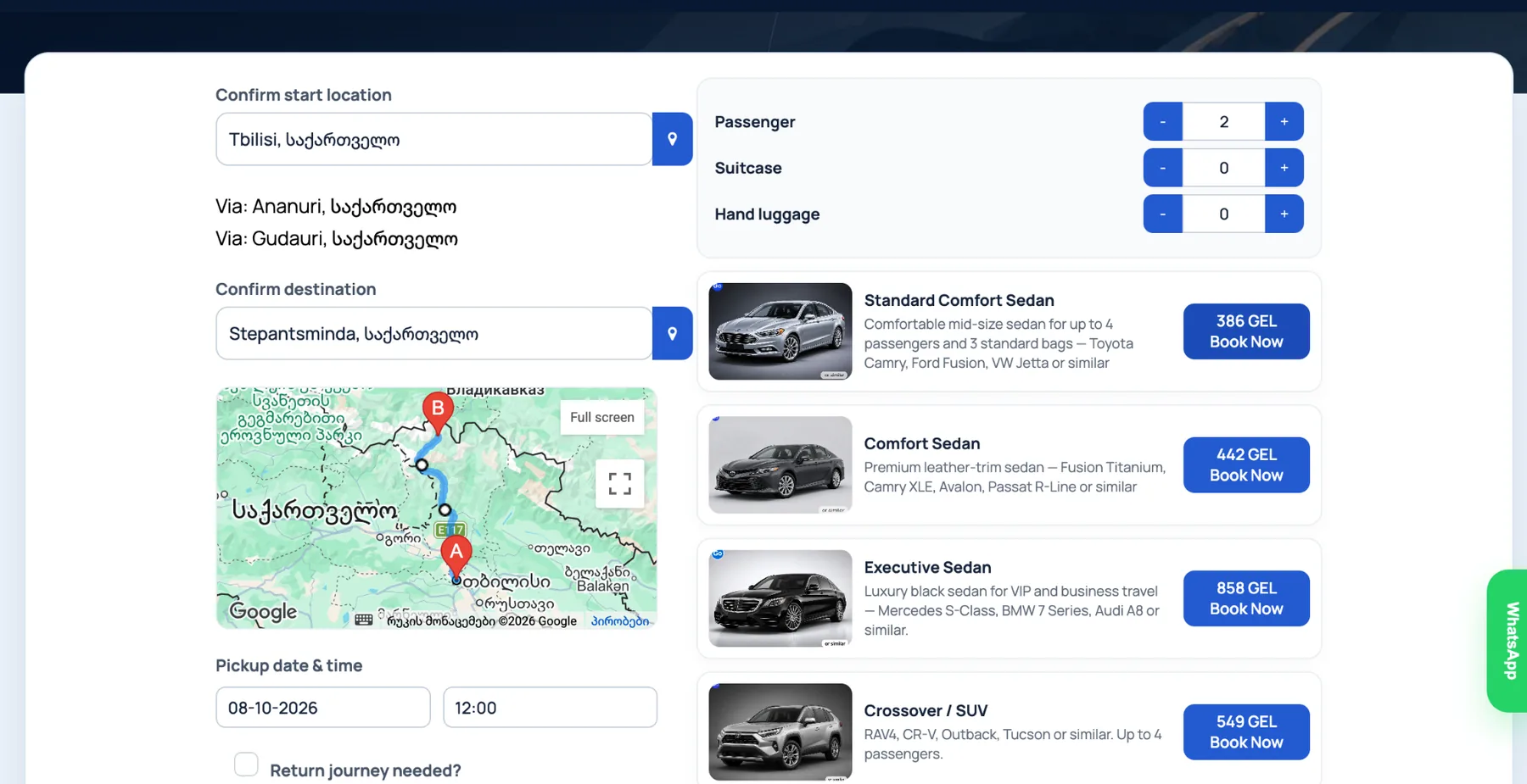 GoGoria vehicle results with passenger, suitcase and hand luggage controls