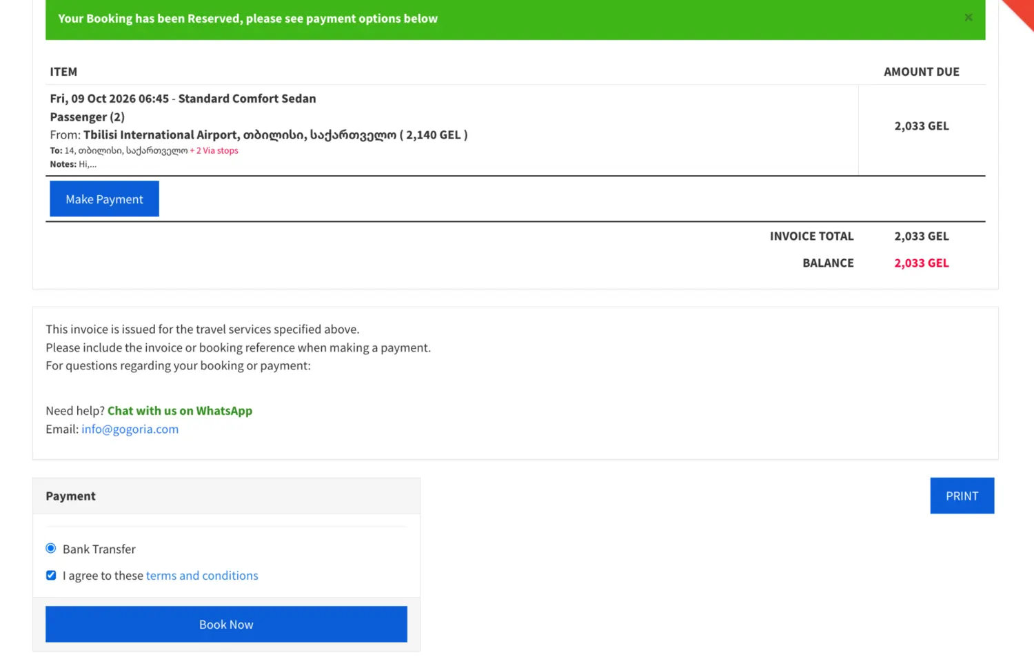 GoGoria Private Driver invoice and payment screen
