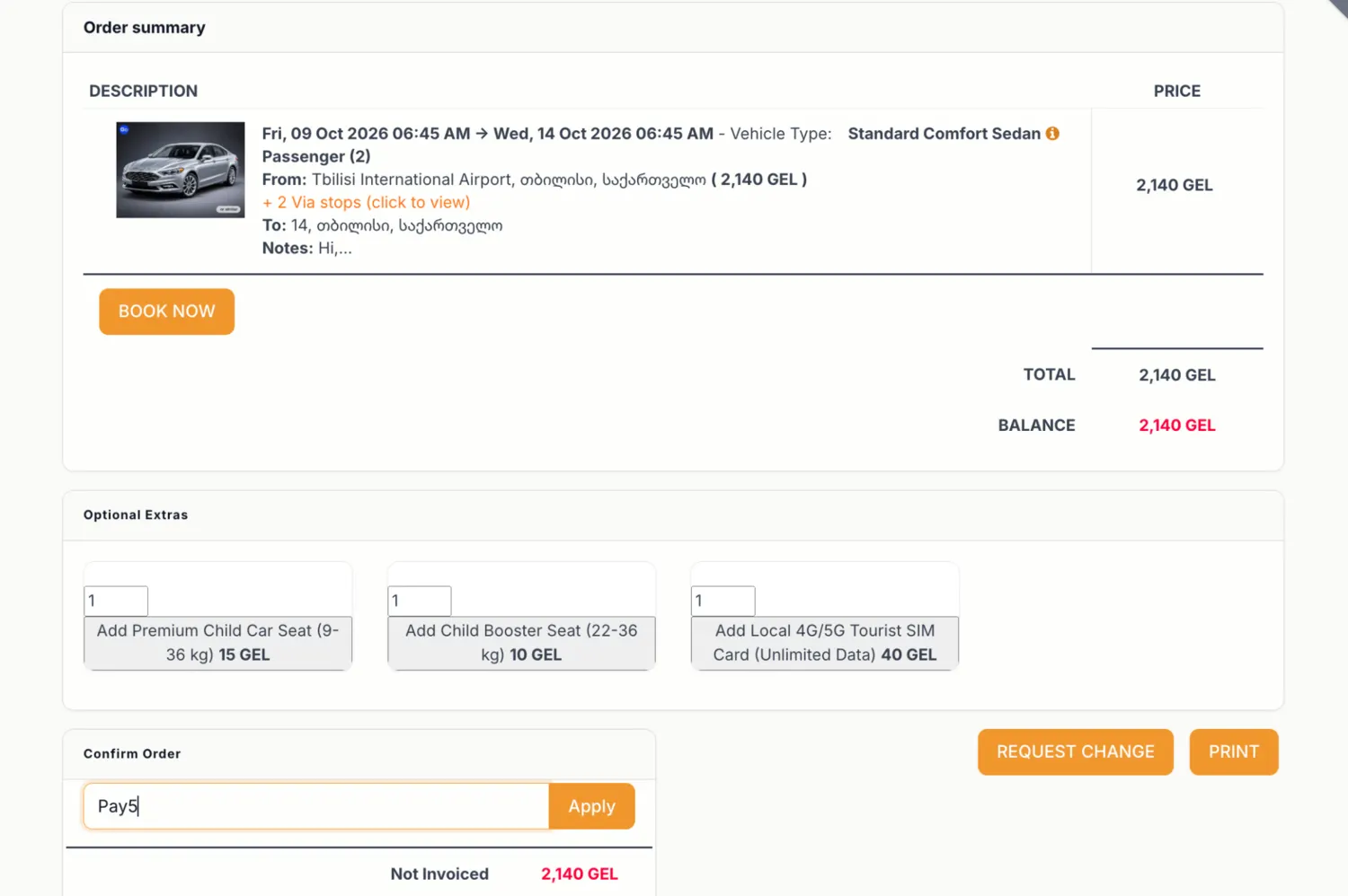 Private Driver order summary with optional extras