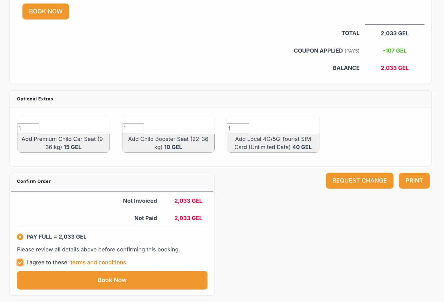 Private Driver order with PAY5 coupon and full payment option