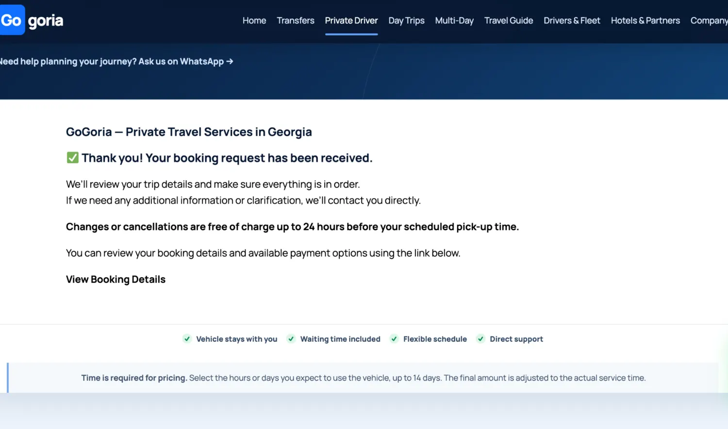 GoGoria Private Driver booking request received screen