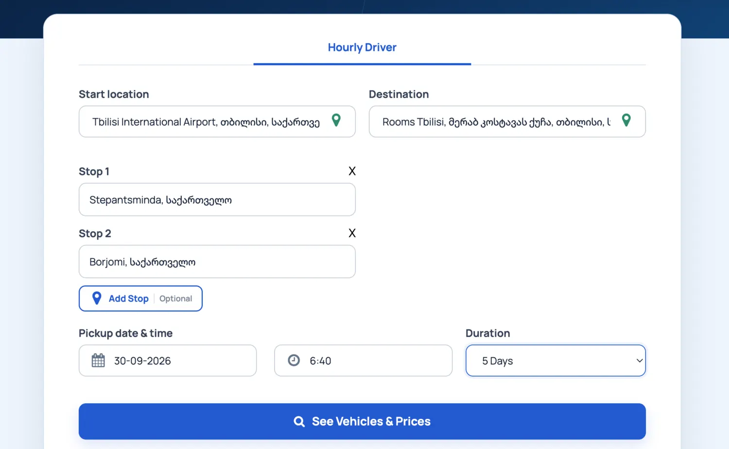 GoGoria Private Driver form with start location, destination, stops and five-day duration