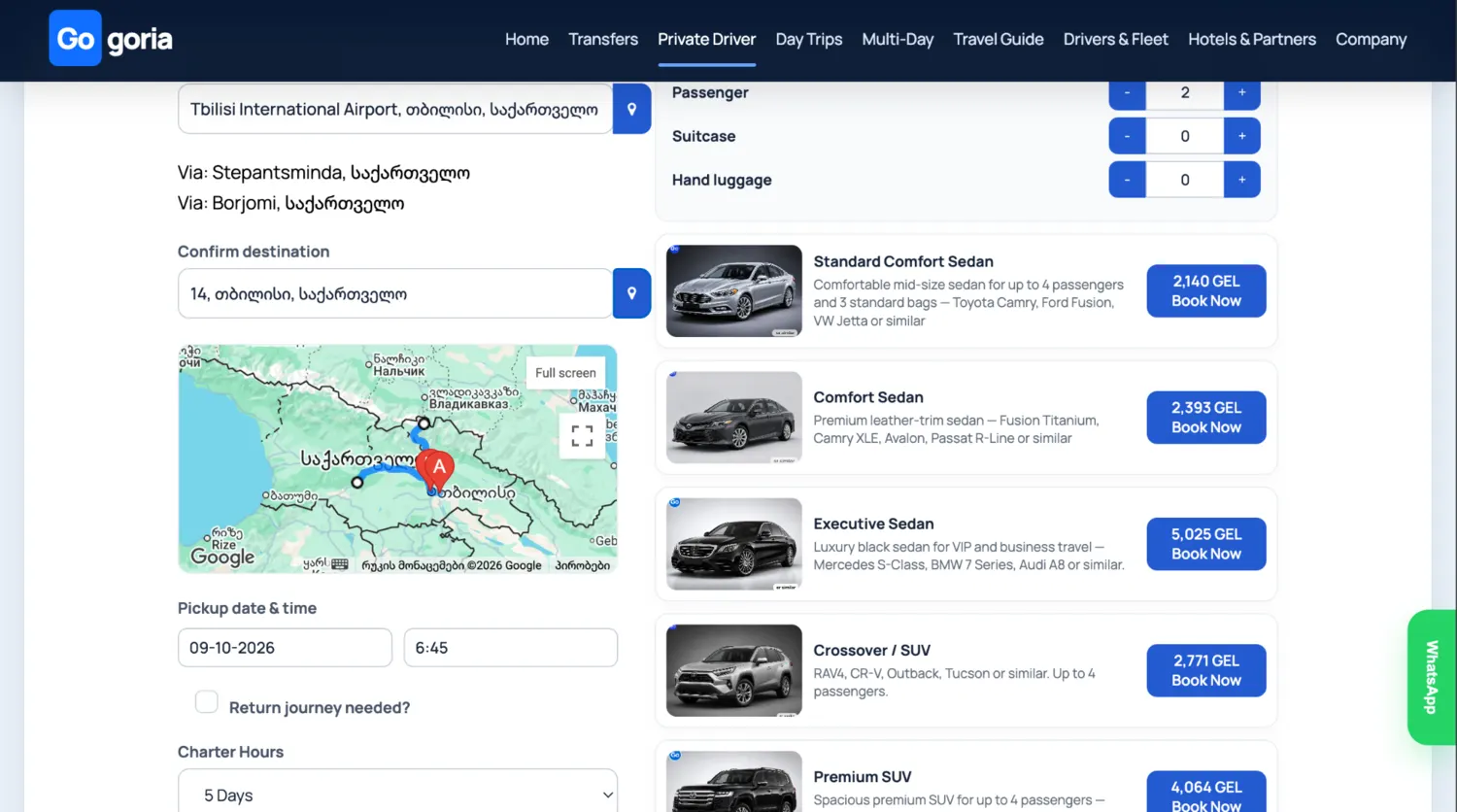 Private Driver vehicle results with route, duration, passengers and prices